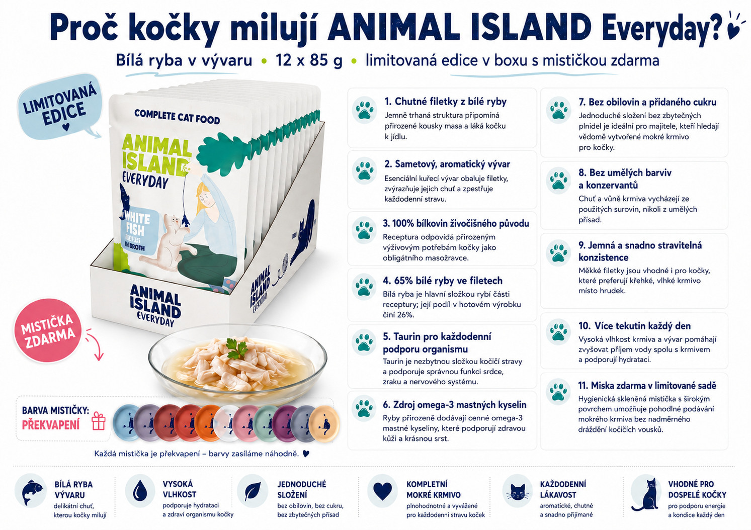 ANIMAL ISLAND Everyday White fish in broth Box - mokré krmivo pro kočky - 12x85g + talířek zdarma - foto 1