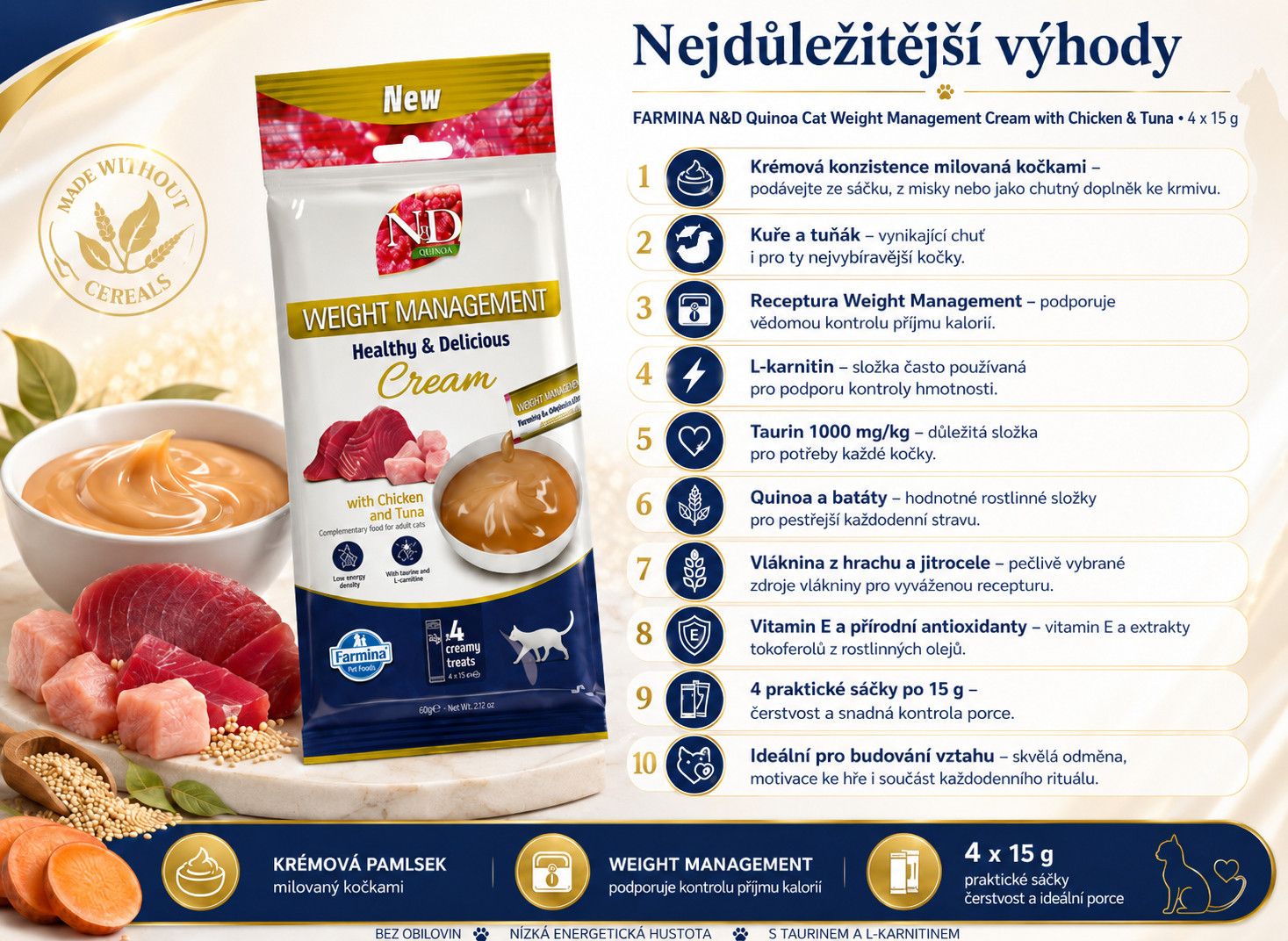 FARMINA N&D Quinoa Cat Weight Management Cream with Chicken & Tuna box – pamlsek pro kočku – 4x15g - foto 1