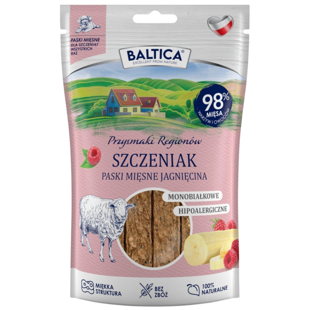 BALTICA Przysmaki Regionów Puppy Mono Masové pásky Jehněčí – pamlsek pro psa – 90 g - foto 1