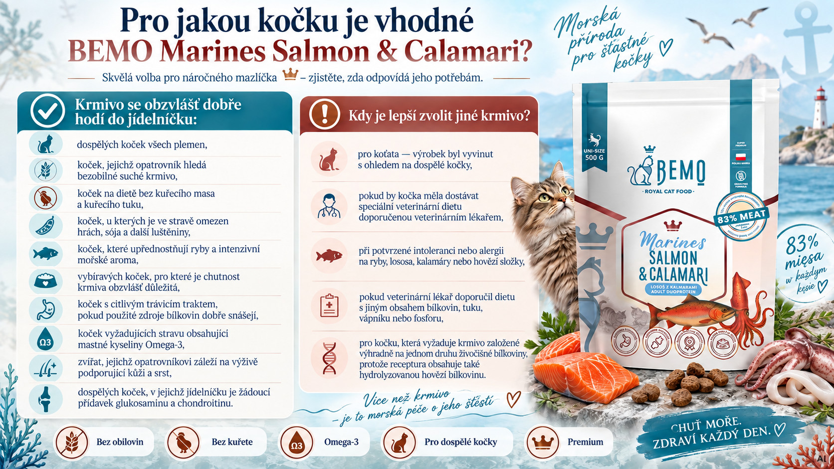 BEMO Cat Marines Salmon & Calamari - suché krmivo pro kočky - 500g - foto 2