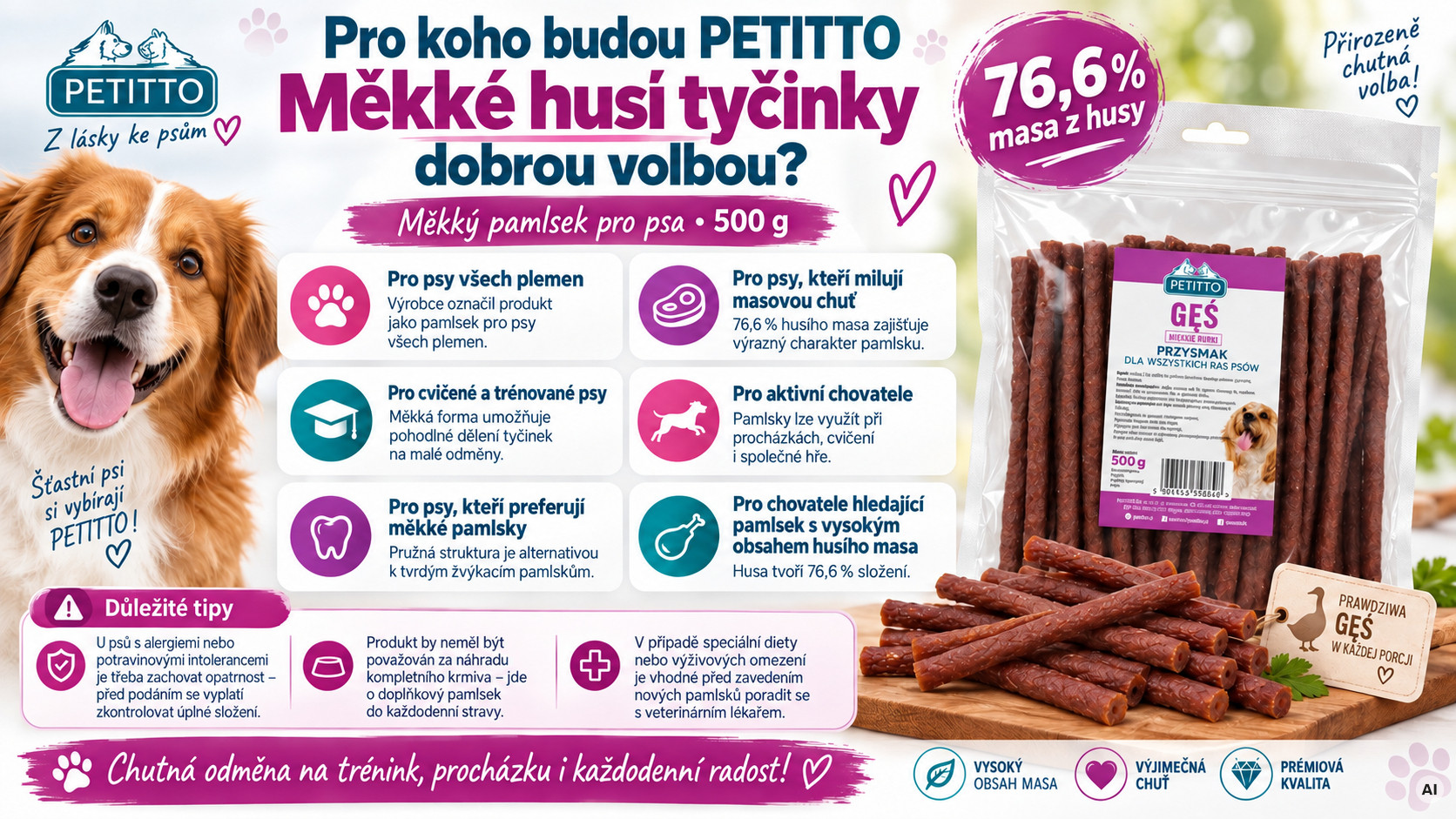 PETITTO Soft goose tubes - pamlsek pro psa - 500g - foto 2