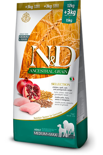 FARMINA N&D Ancestral Grain Selection Adult Medium & Maxi – suché krmivo pro psy – 12 kg + 3 kg - foto 2