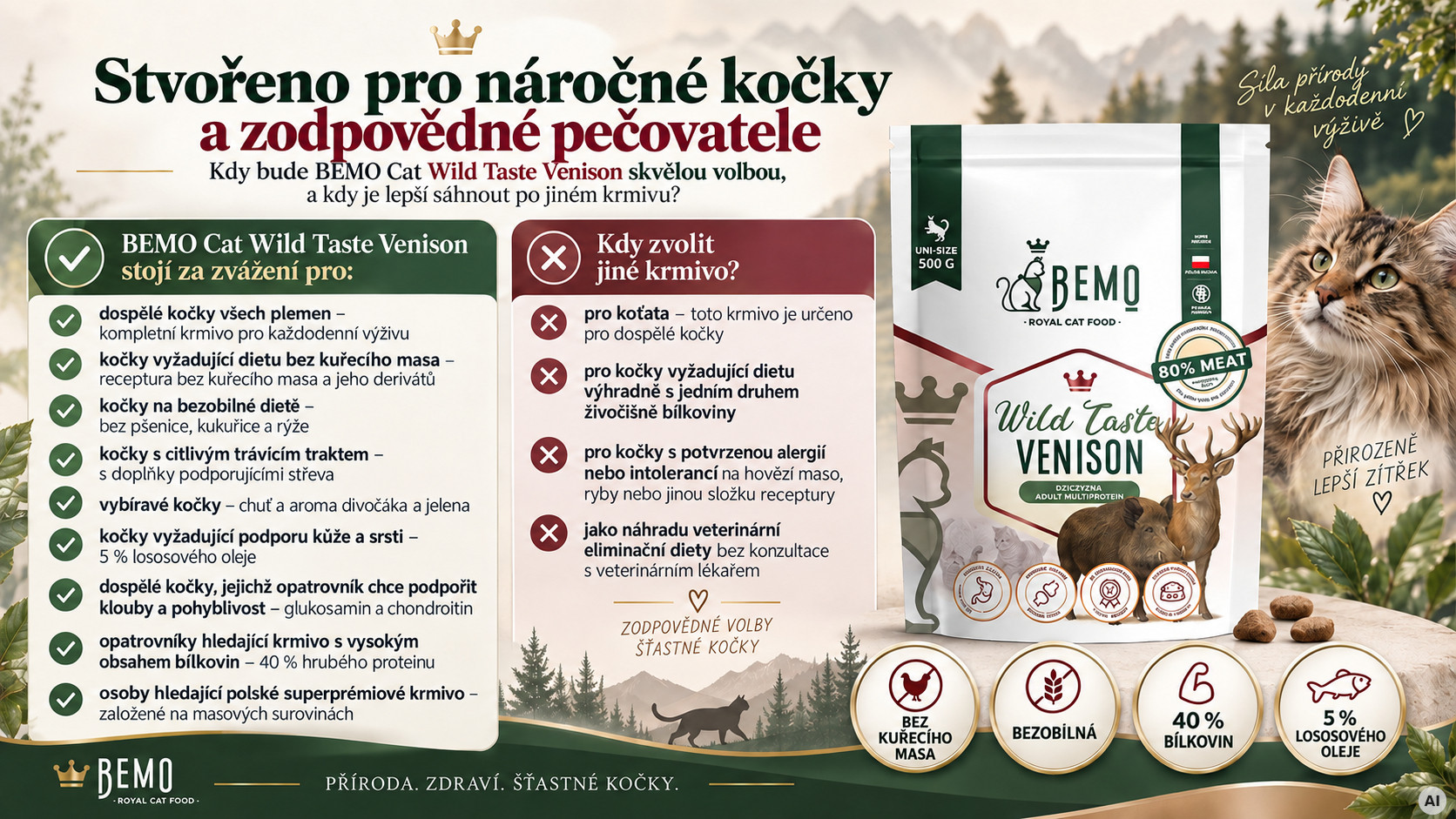 BEMO Cat Wild Taste Venison- suché krmivo pro kočky - 500g - foto 2