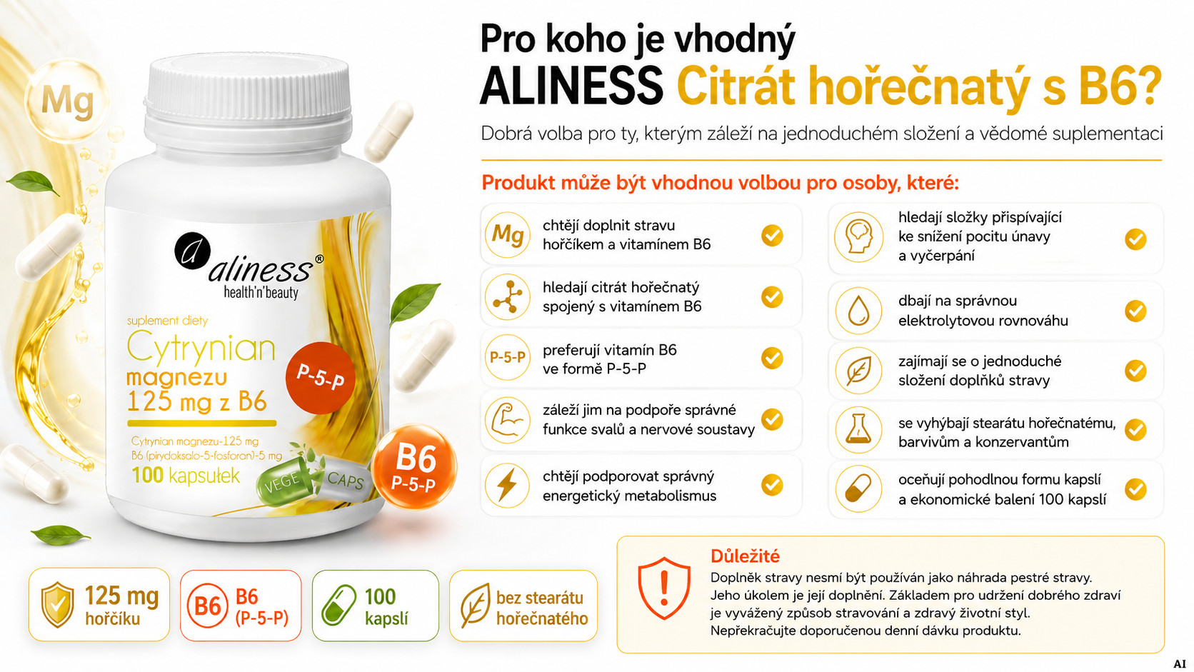 ALINESS Cytrynian Magnezu 125 mg with B6 (P-5-P) – doplněk stravy – 100 kapslí - foto 2