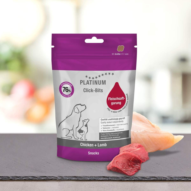 PLATINUM Click-Bits Kuře + Jehně – pamlsek pro psy – 2x150g - foto 1