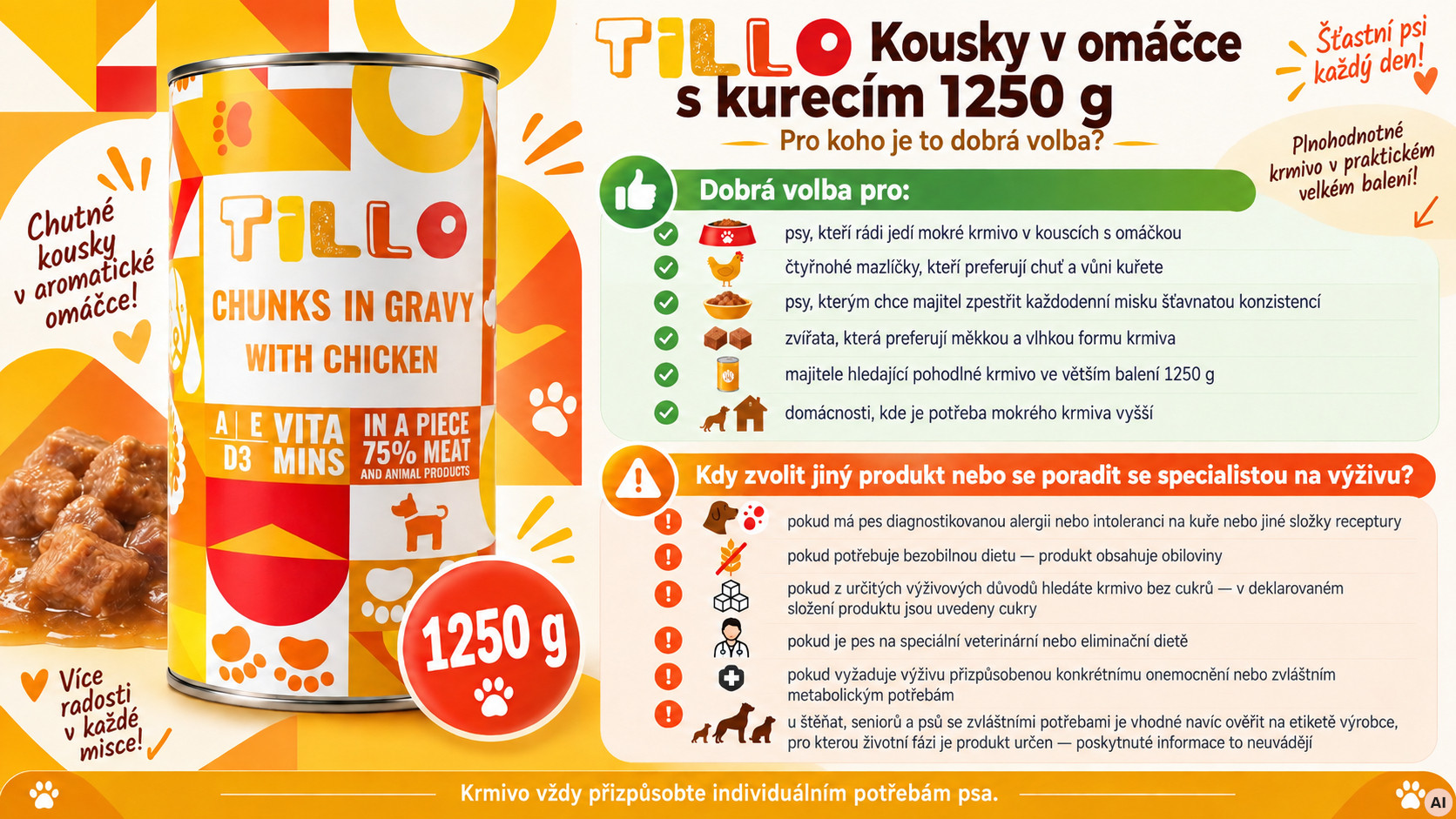 TILLO Kousky v omáčce s kuřecím masem - mokré krmivo pro psy - 6x1250g - foto 12