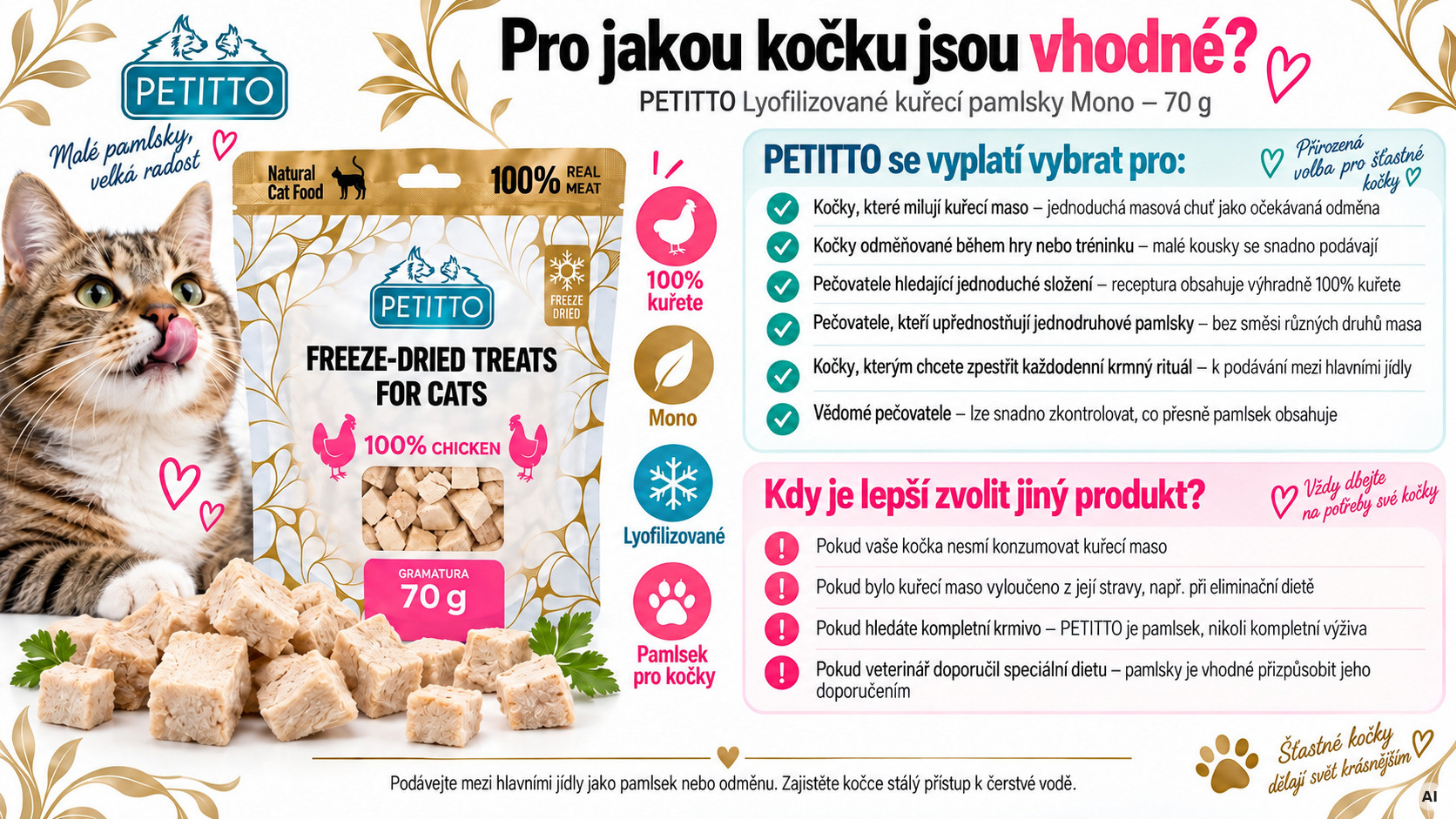 PETITTO Freeze-dried chicken treats Mono - pamlsek pro kočky - 70g - foto 5