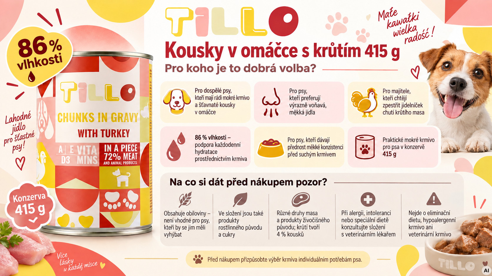 TILLO Kousky v omáčce Mix 5 příchutí - mokré krmivo pro psy - 5x415g - foto 2
