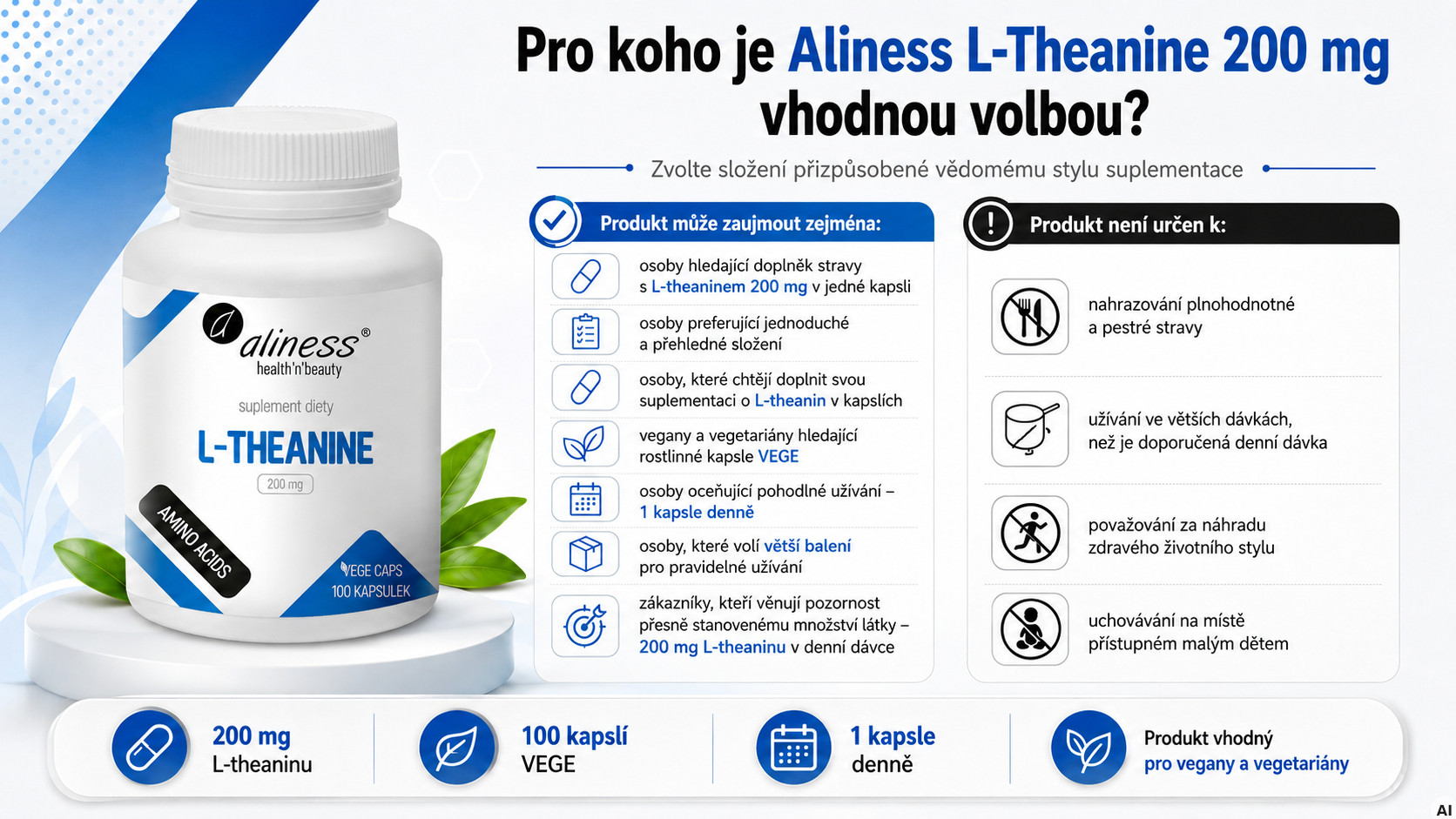 ALINESS L-Theanine 200 mg – doplněk stravy – 100 kapslí - foto 3