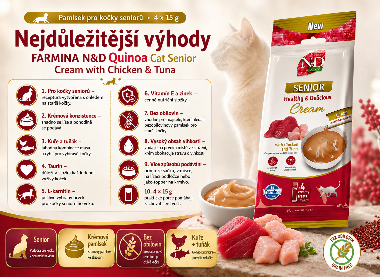 FARMINA N&D Quinoa Cat Senior Cream with Chicken & Tuna box – pamlsek pro kočku – 4x15g - foto 1