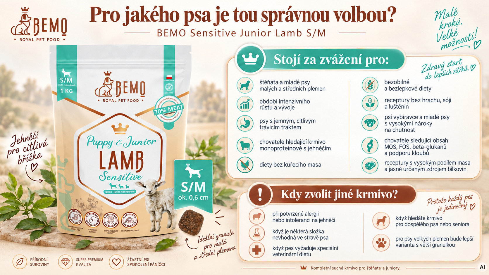 BEMO Sensitive Junior Lamb Small/Medium Mono - suché krmivo pro psy - 1kg - foto 2