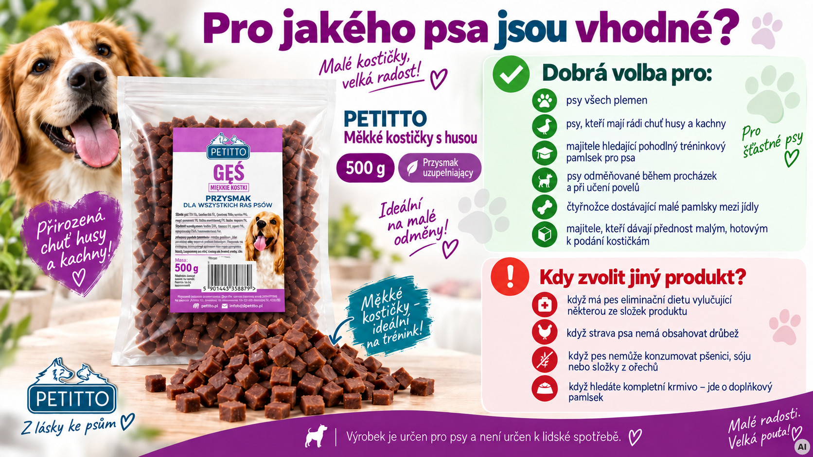 PETITTO Soft goose meat cubes - pamlsek pro psa - 500g - foto 2