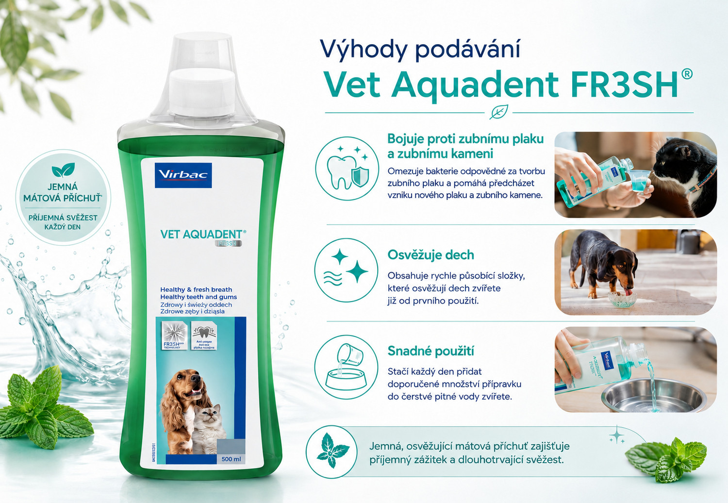 VIRBAC Vet Aquadent FR3SH - roztok pro hygienu dutiny ústní u psů a koček – 500ml - foto 1