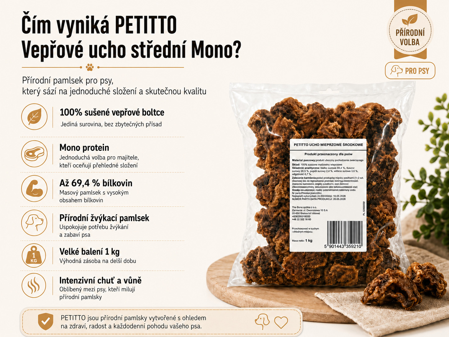 PETITTO střední vepřové ucho Mono - pamlsek pro psy - 1 kg - foto 1