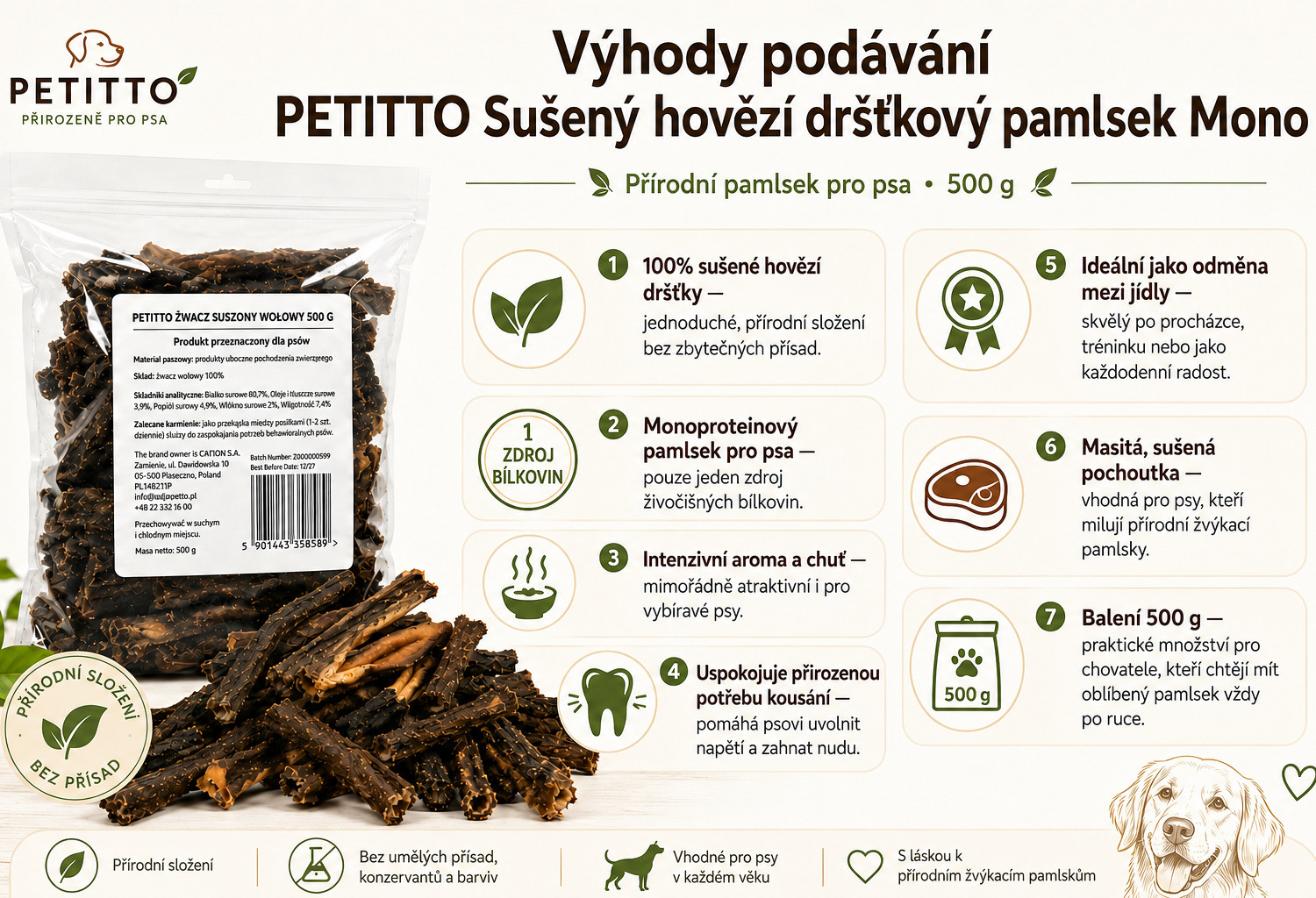 PETITTO Dried beef tripe Mono - pamlsek pro psa - 500g - foto 1