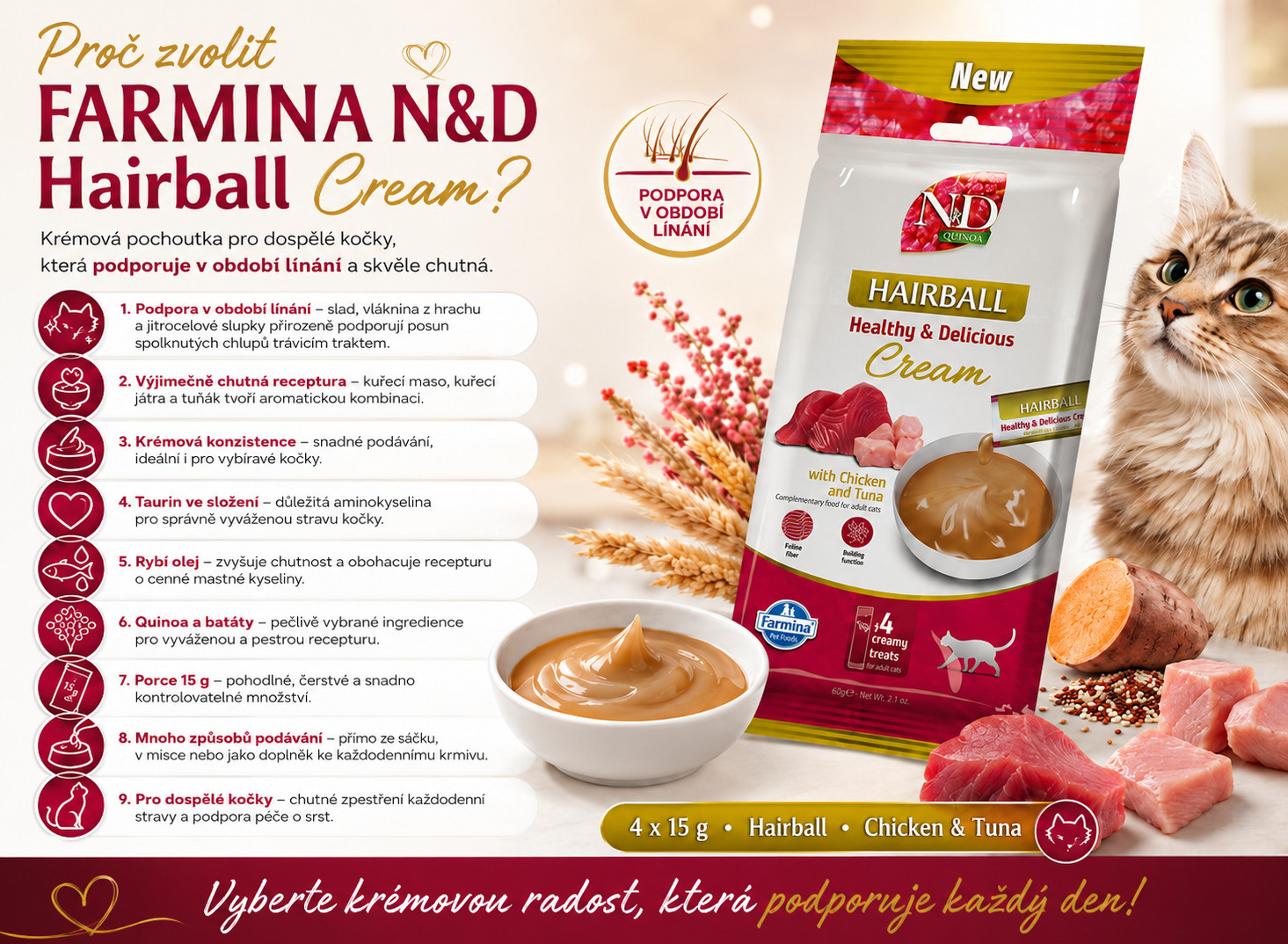 FARMINA N&D Quinoa Cat Hairball Cream with Chicken & Tuna box – pamlsek pro kočku – 4x15g - foto 1
