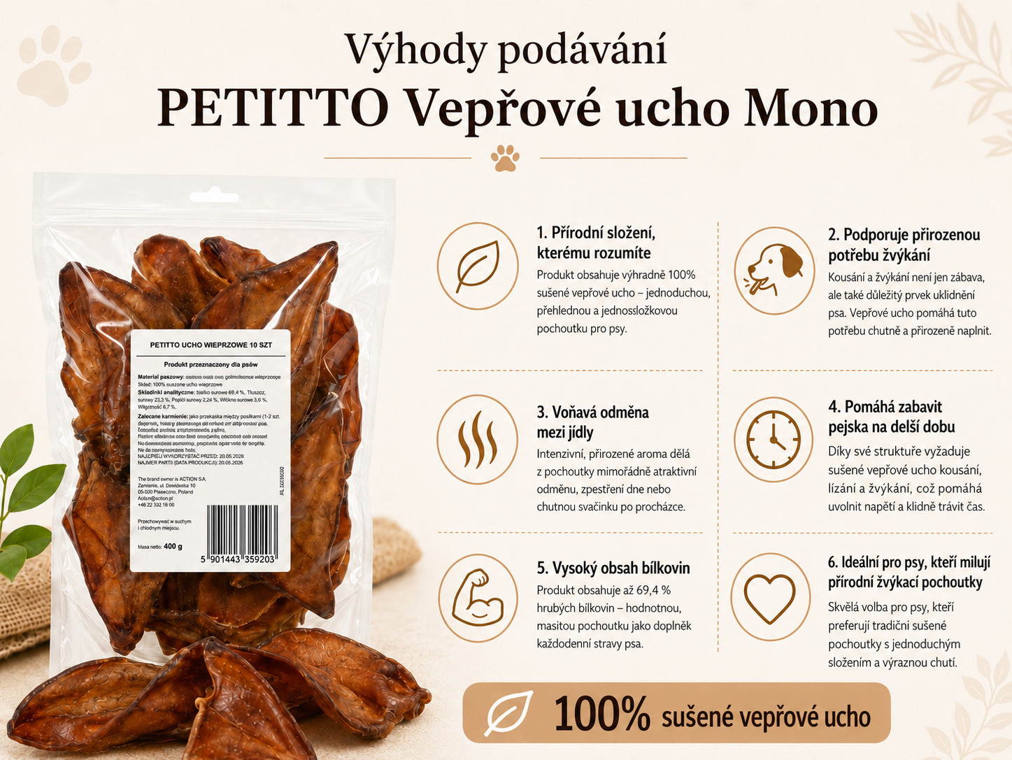 PETITTO vepřové ucho Mono - pamlsek pro psy - 10 ks - foto 1