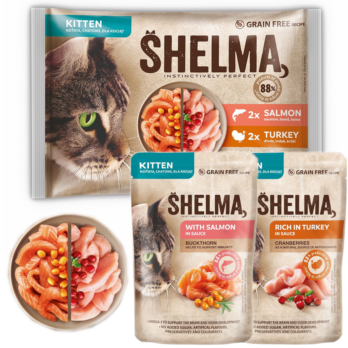 SHELMA Kitten with salmon and turkey in sauce - mokré krmivo pro kočky - 4x85g - foto 1