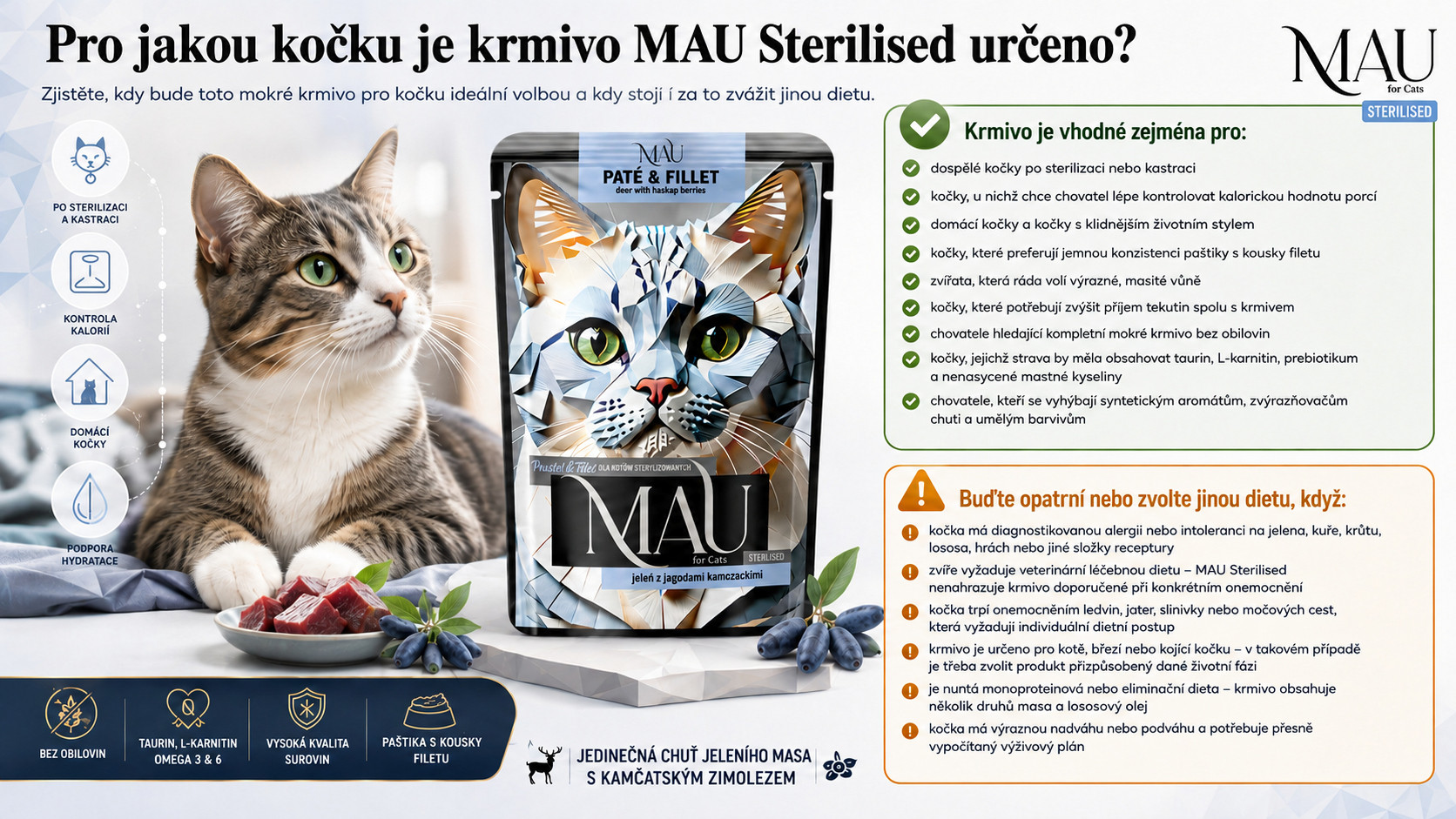 MAU Paštika a filet Sterilised Jelen s kamčatskými borůvkami - mokré krmivo pro kočky - 12x85g - foto 2