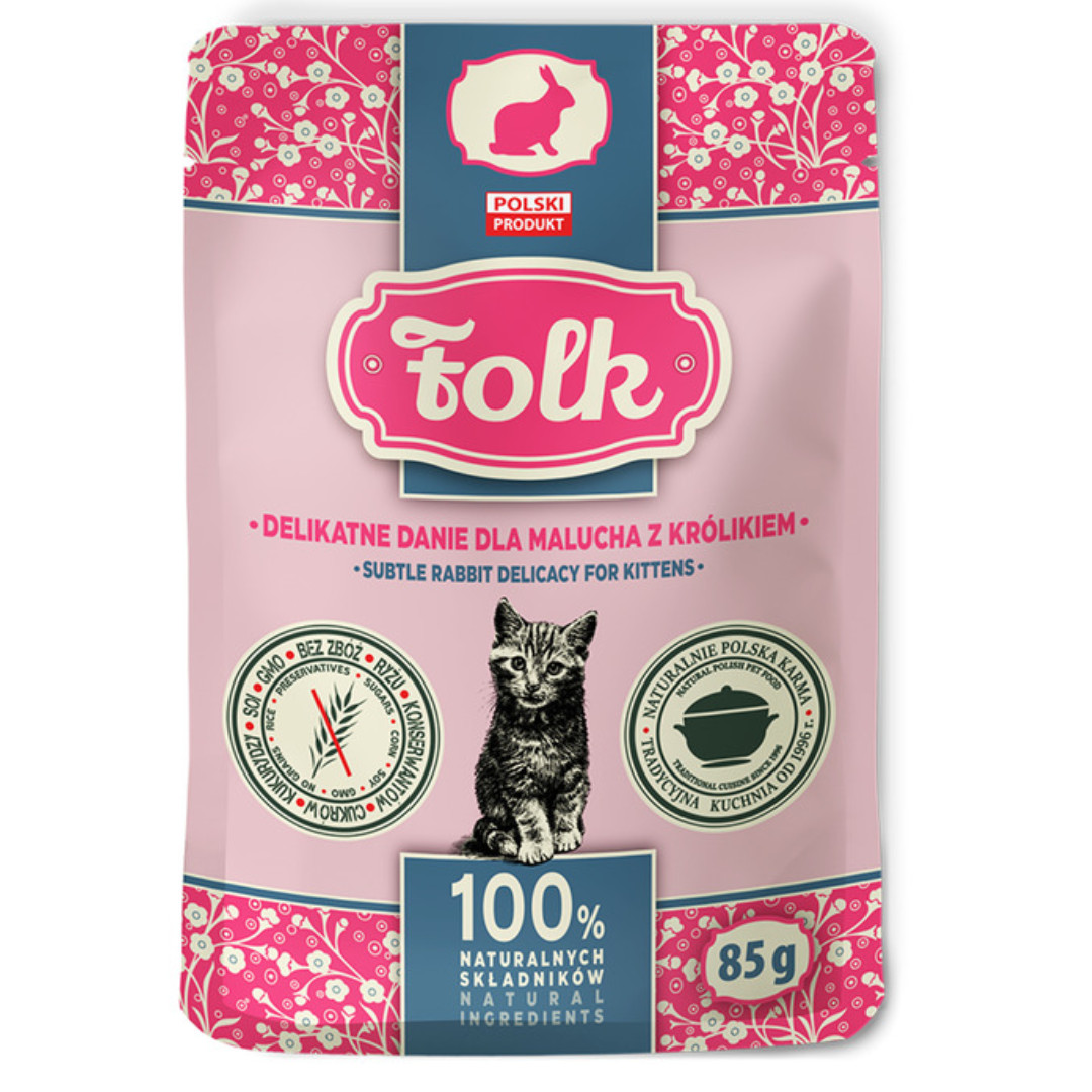 FOLK Kitten Jemný pokrm pro kotě s králíkem – mokré krmivo pro koťata – 24x85g - foto 1