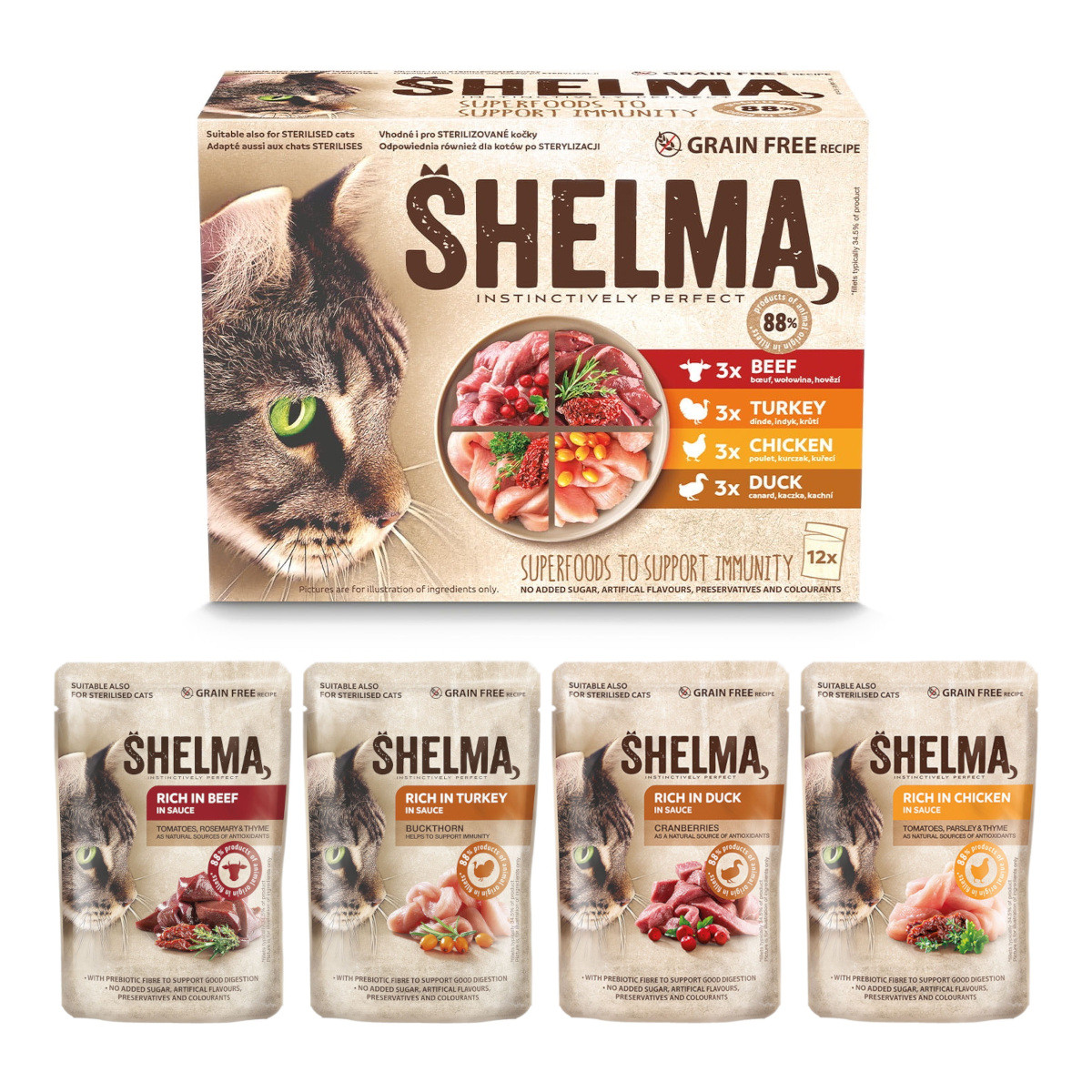 SHELMA with turkey, duck, chicken and beef in sauce - mokré krmivo pro kočky - 12x85g - foto 1