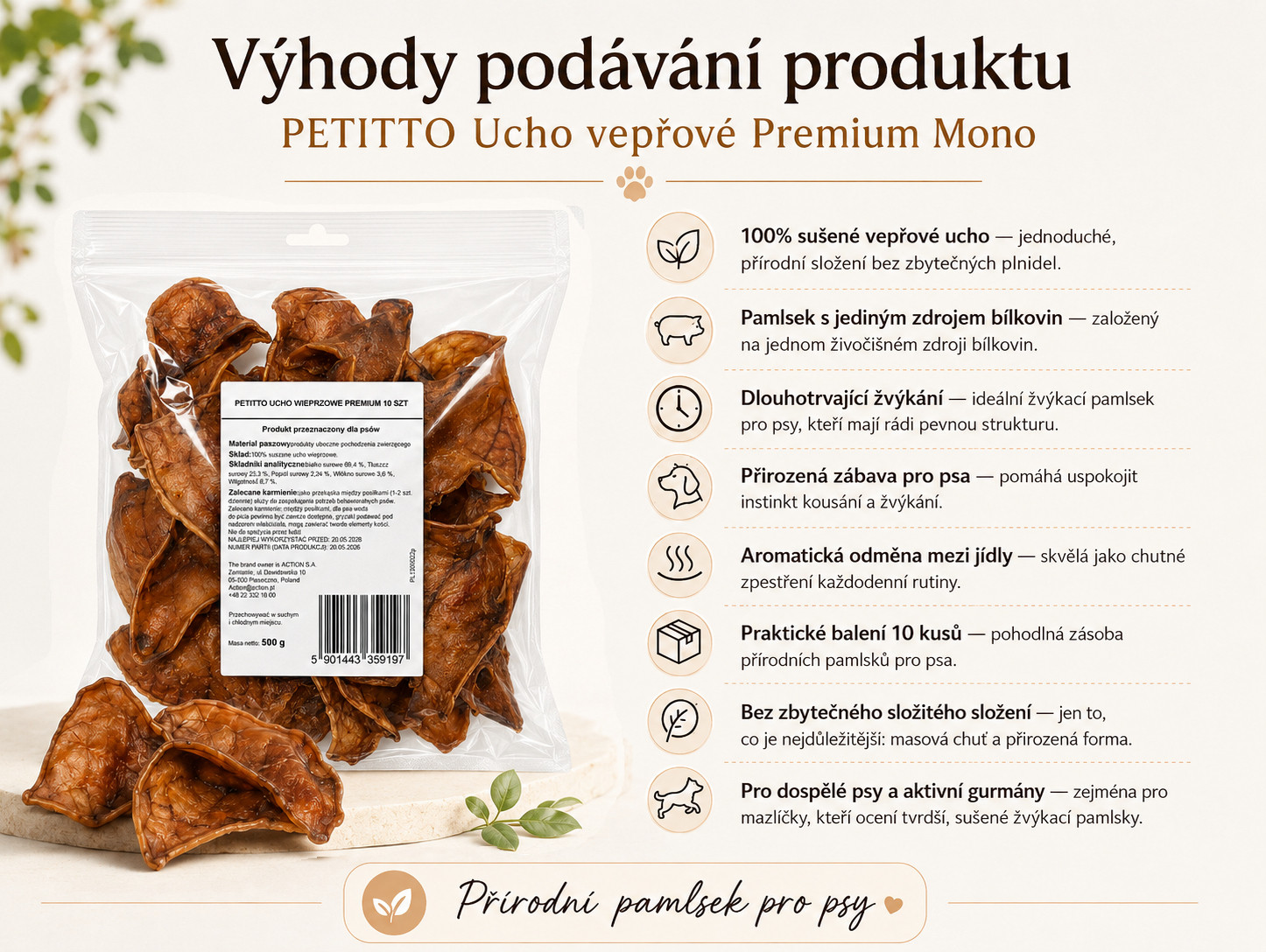 PETITTO vepřové ucho Premium Mono - pamlsek pro psy - 10 ks - foto 1