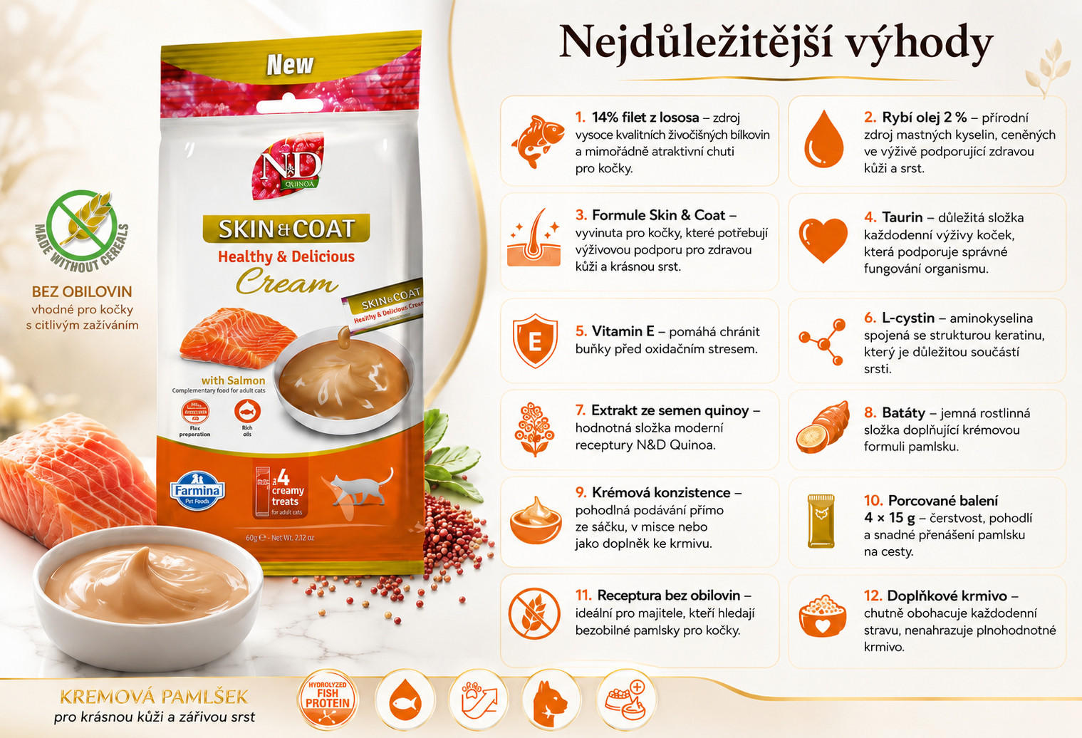 FARMINA N&D Quinoa Cat Skin & Coat Cream with Salmon box mono – pamlsek pro kočku – 4x15g - foto 1