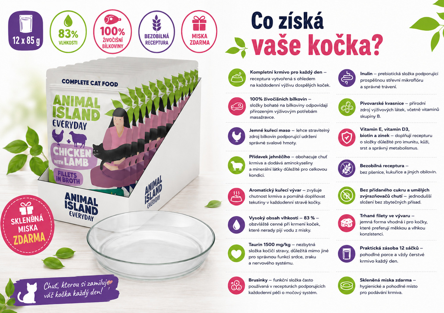 ANIMAL ISLAND Everyday Chicken with lamb in broth Box - mokré krmivo pro kočky - 12x85g + talířek zdarma - foto 1