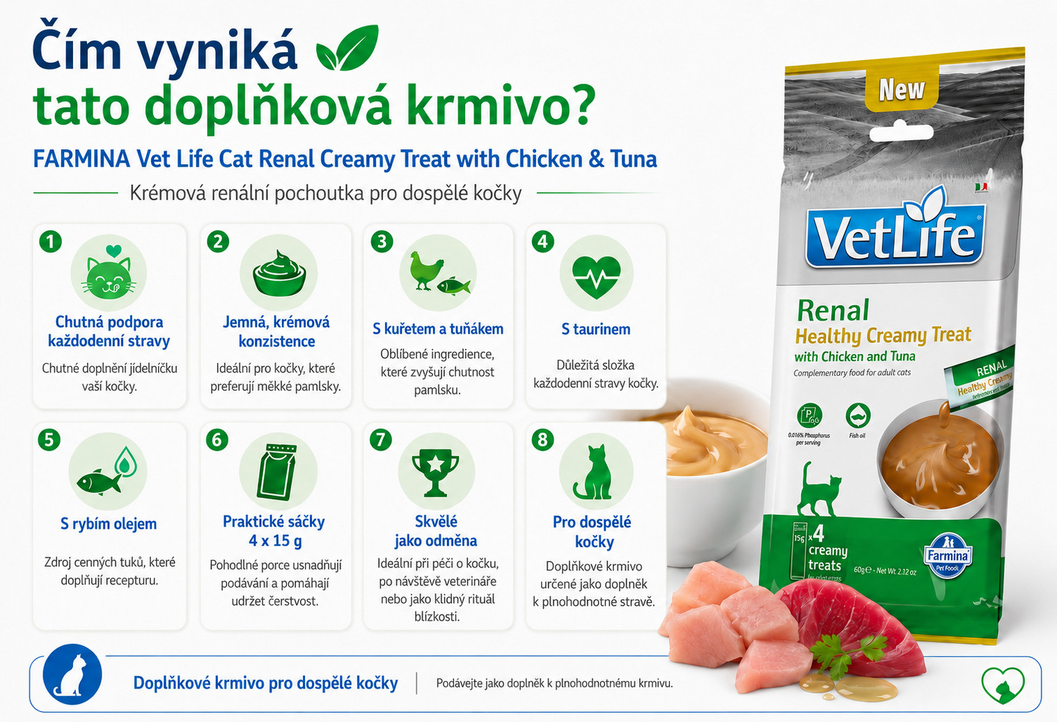 FARMINA Vet Life Cat Renal Creamy treat with Chicken & Tuna box – pamlsek pro kočku – 4x15g - foto 1