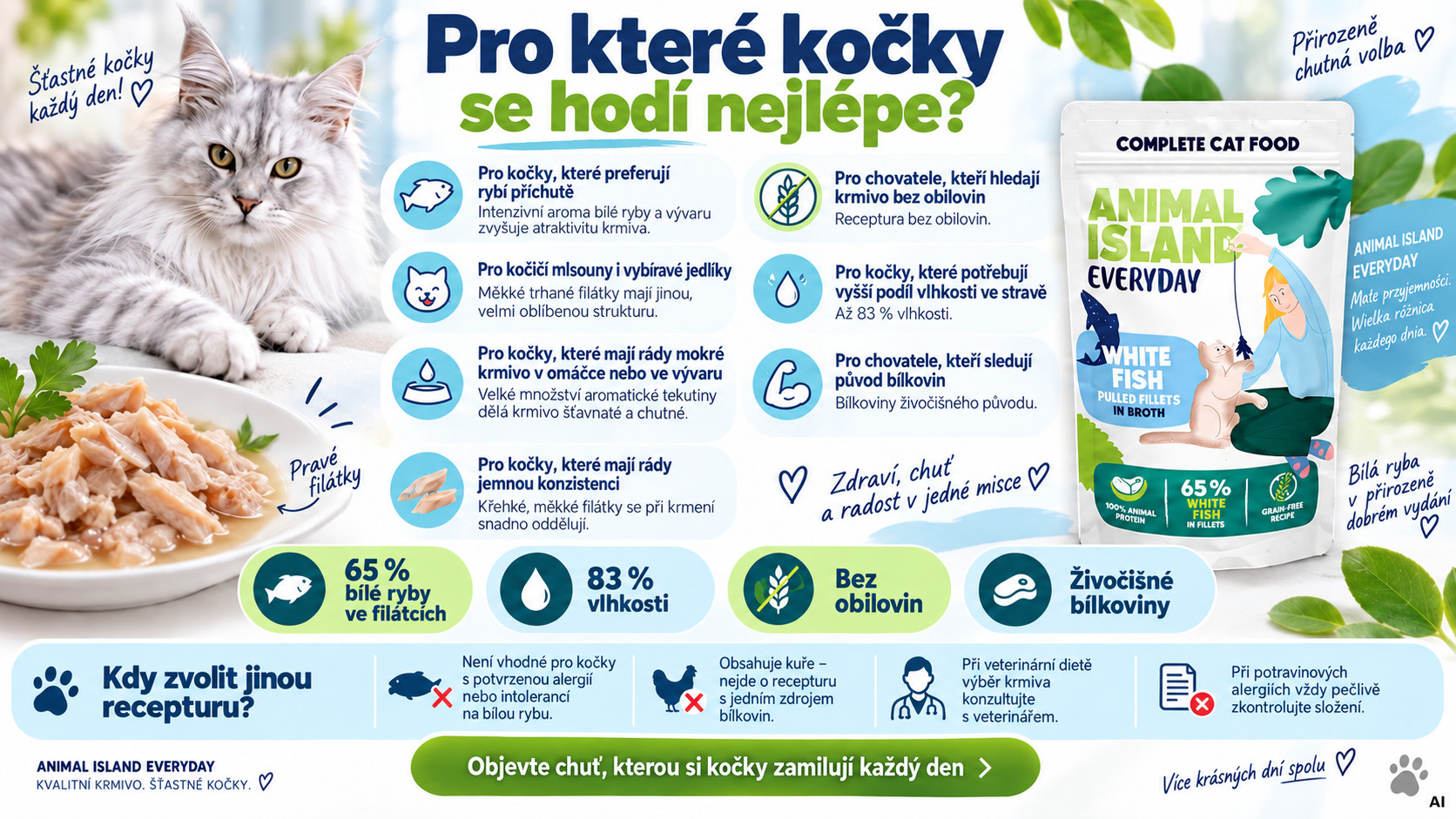 ANIMAL ISLAND Everyday White fish pulled fillets in broth - mokré krmivo pro kočky - 85g - foto 3