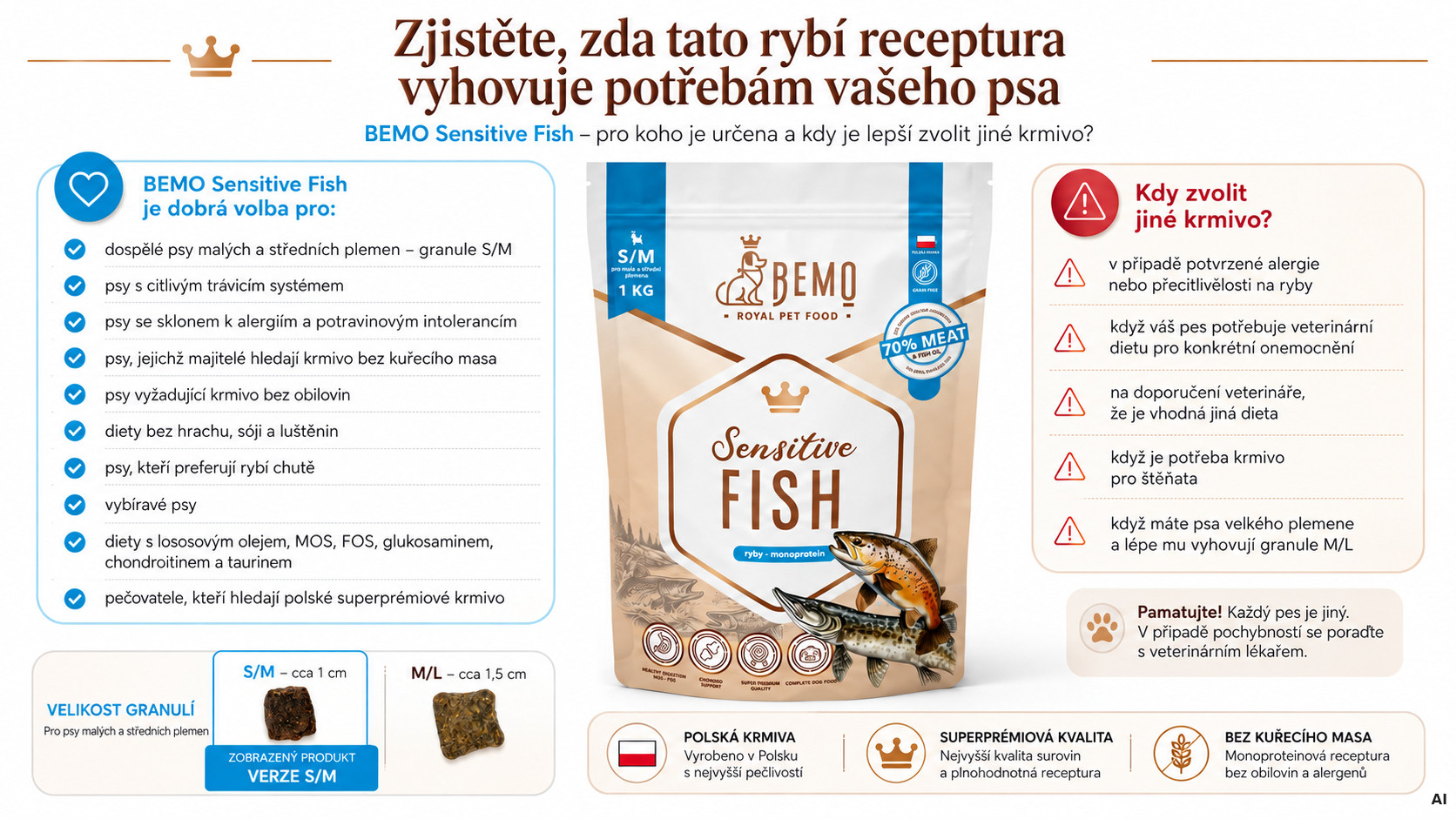 BEMO Sensitive Fish Small/Medium Mono - suché krmivo pro psy - 1kg - foto 2