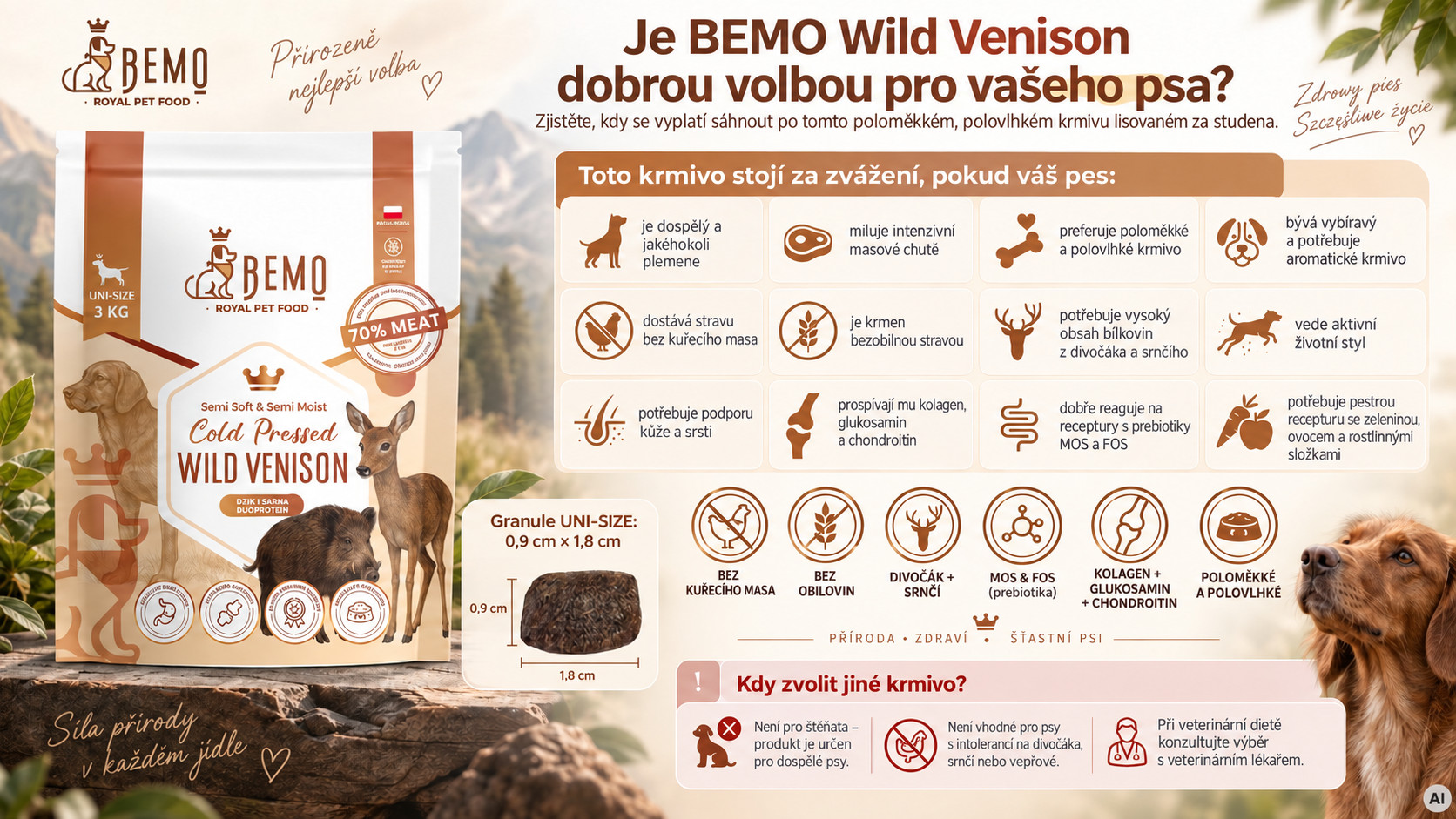 BEMO Cold Pressed Wild Venison - suché krmivo pro psy - 3kg - foto 2