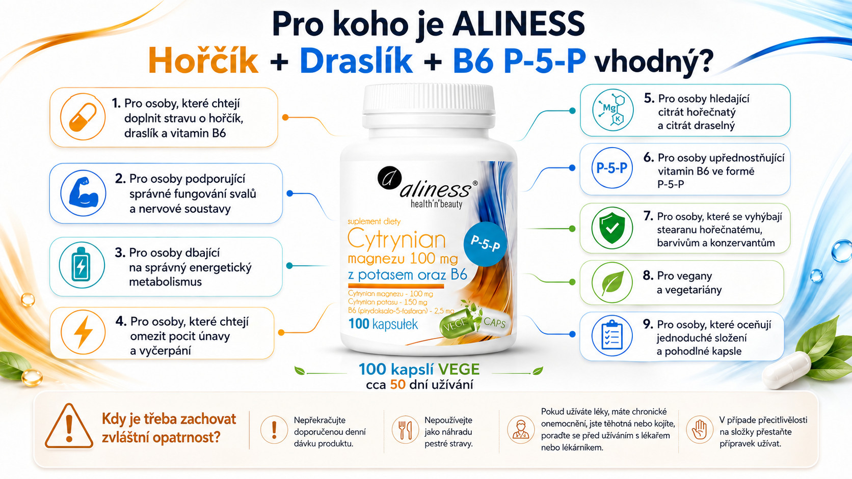 ALINESS Magnesium Citrate 100 mg with Potassium 150 mg, B6 (P-5-P) – doplněk stravy – 100 kapslí - foto 3
