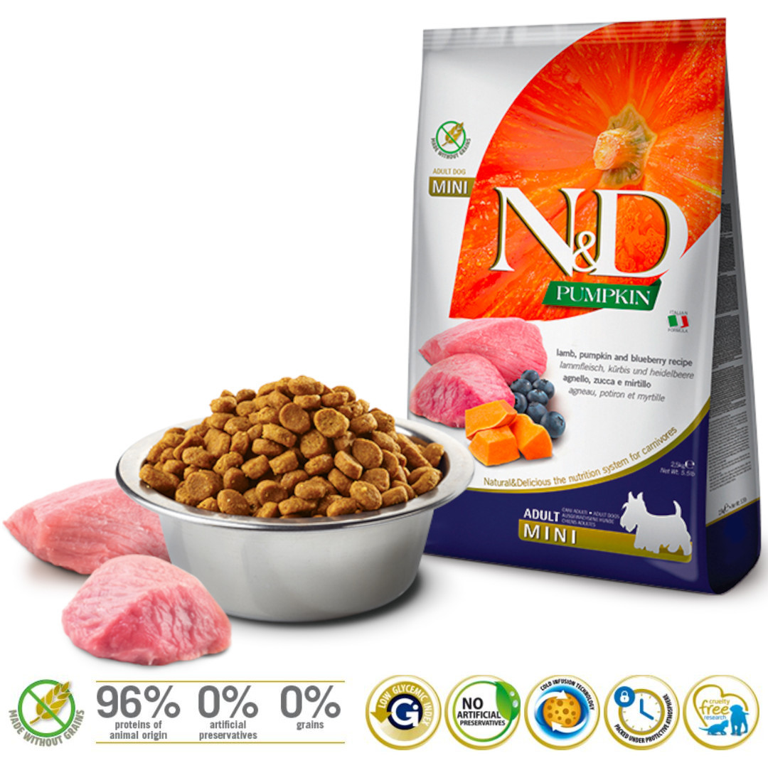 FARMINA N&D Pumpkin Jehněčí & Borůvky Adult Mini – suché krmivo pro psy – 2,5 kg - foto 1