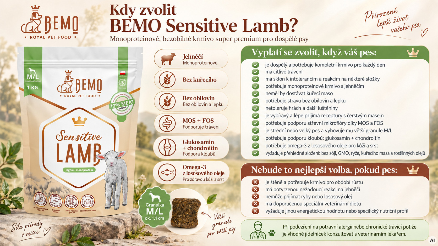 BEMO Sensitive Lamb Medium/Large Mono - suché krmivo pro psy - 1kg - foto 2