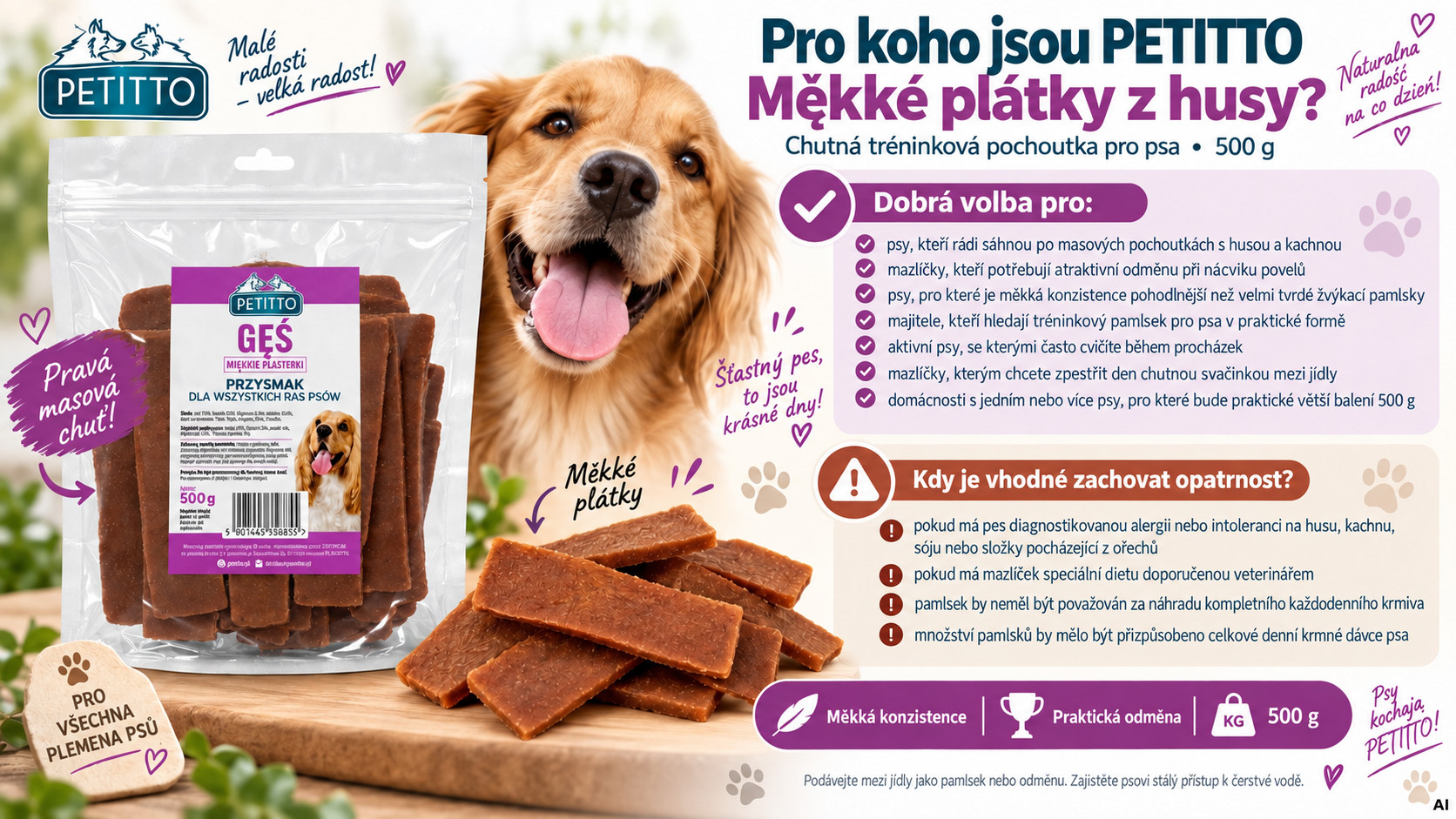 PETITTO Soft goose meat slices - pamlsek pro psa - 500g - foto 2