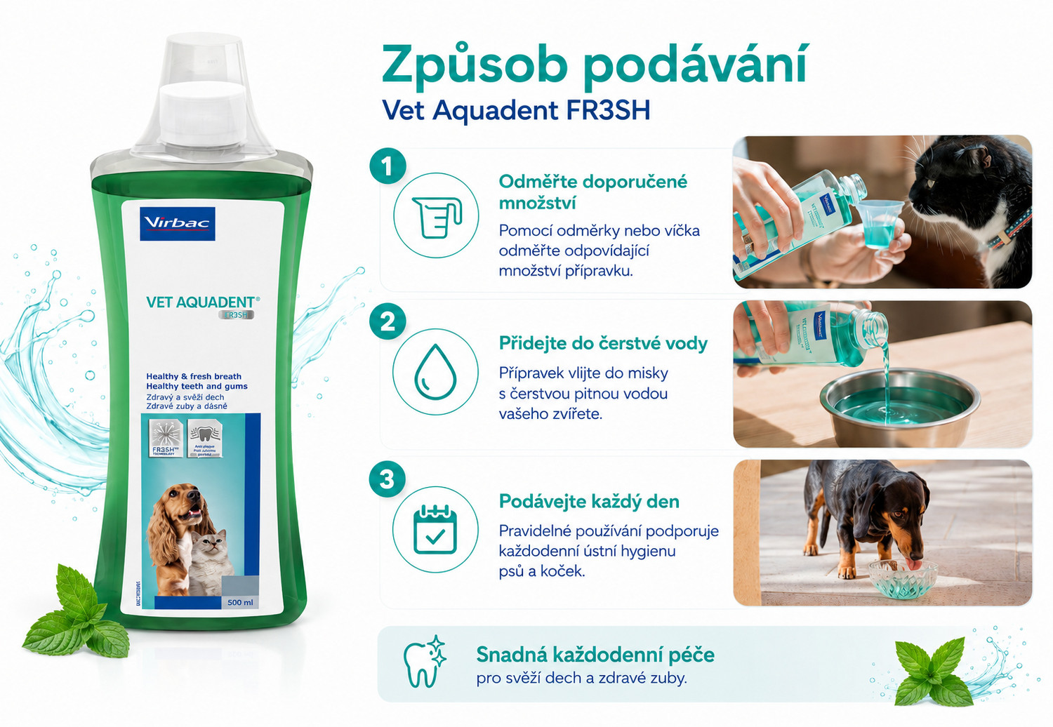 VIRBAC Vet Aquadent FR3SH - roztok pro hygienu dutiny ústní u psů a koček – 500ml - foto 3
