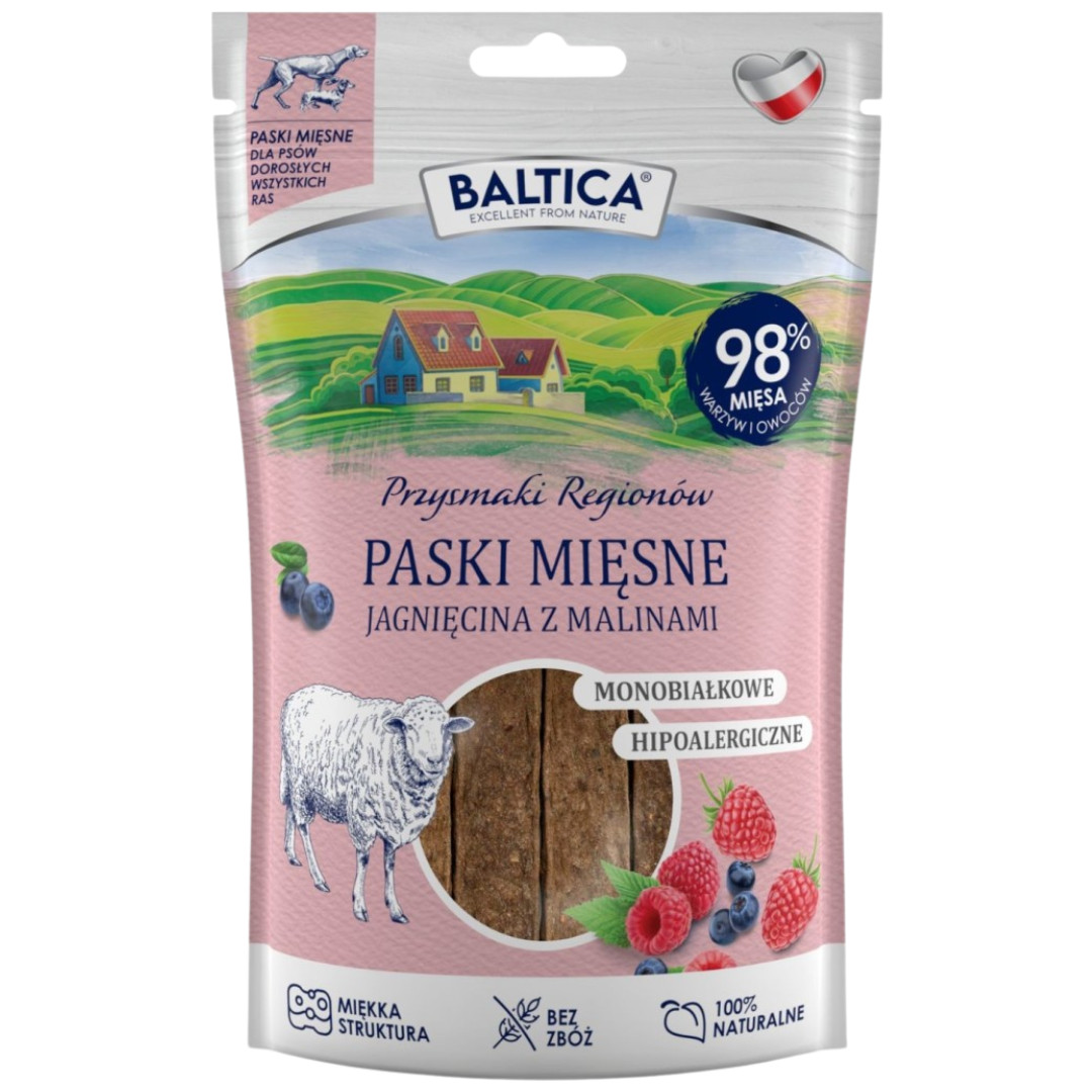 BALTICA Przysmaki Regionów Mono Masové pásky Jehněčí s malinami – pamlsek pro psa – 90 g - foto 1