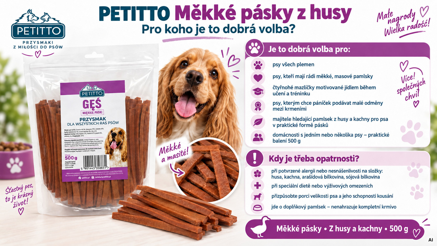 PETITTO Soft goose meat strips - pamlsek pro psa - 500g - foto 2