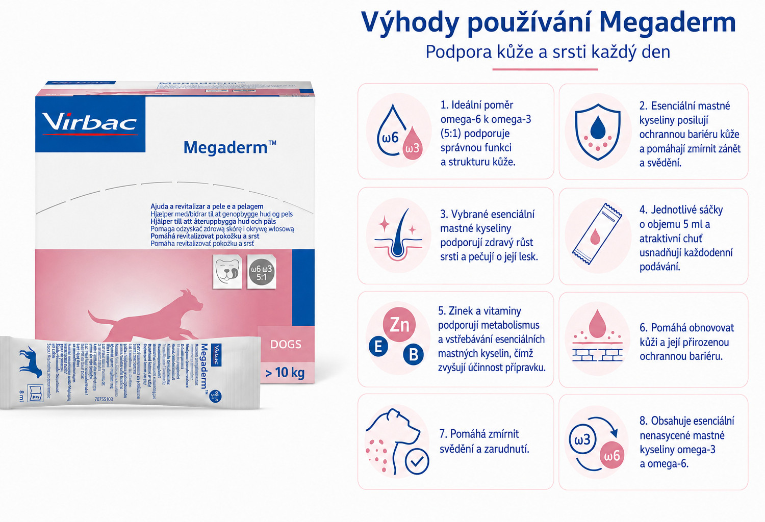 VIRBAC Megaderm mastné kyseliny posilující kůži a srst - doplňky stravy pro psy - 28x8ml - foto 1