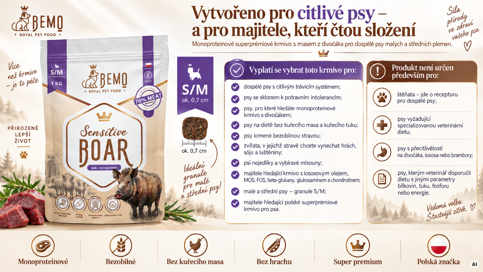 BEMO Sensitive Boar Small/Medium Mono - suché krmivo pro psy - 1kg - foto 2