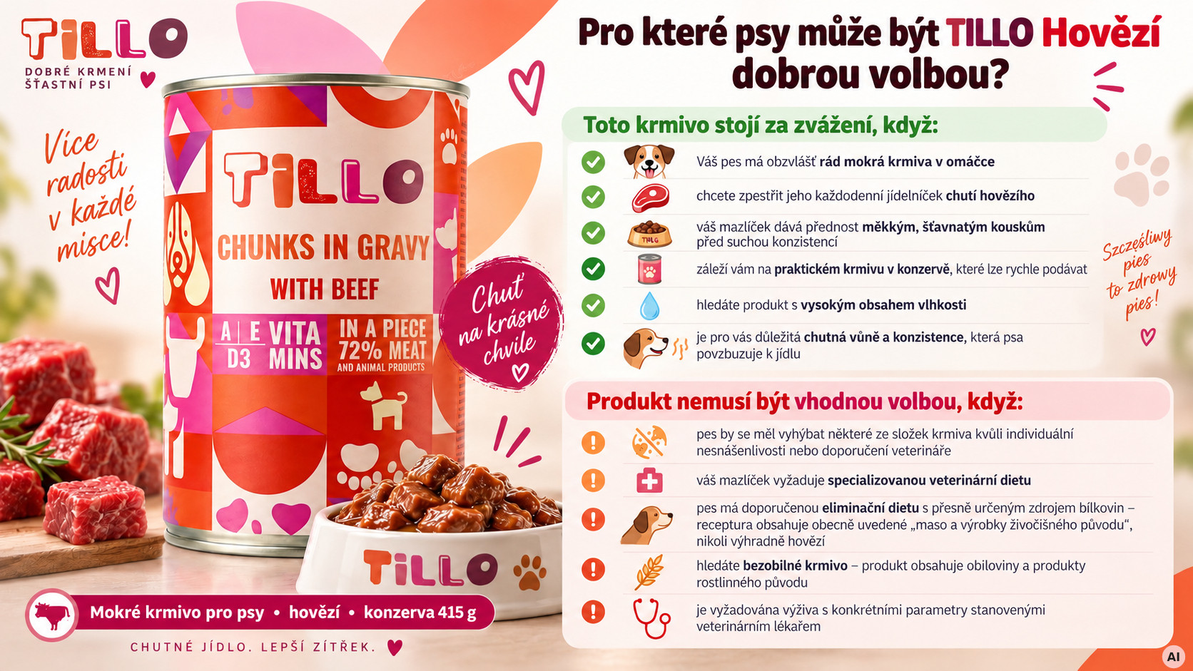 TILLO Kousky v omáčce Mix 5 příchutí - mokré krmivo pro psy - 5x415g - foto 10