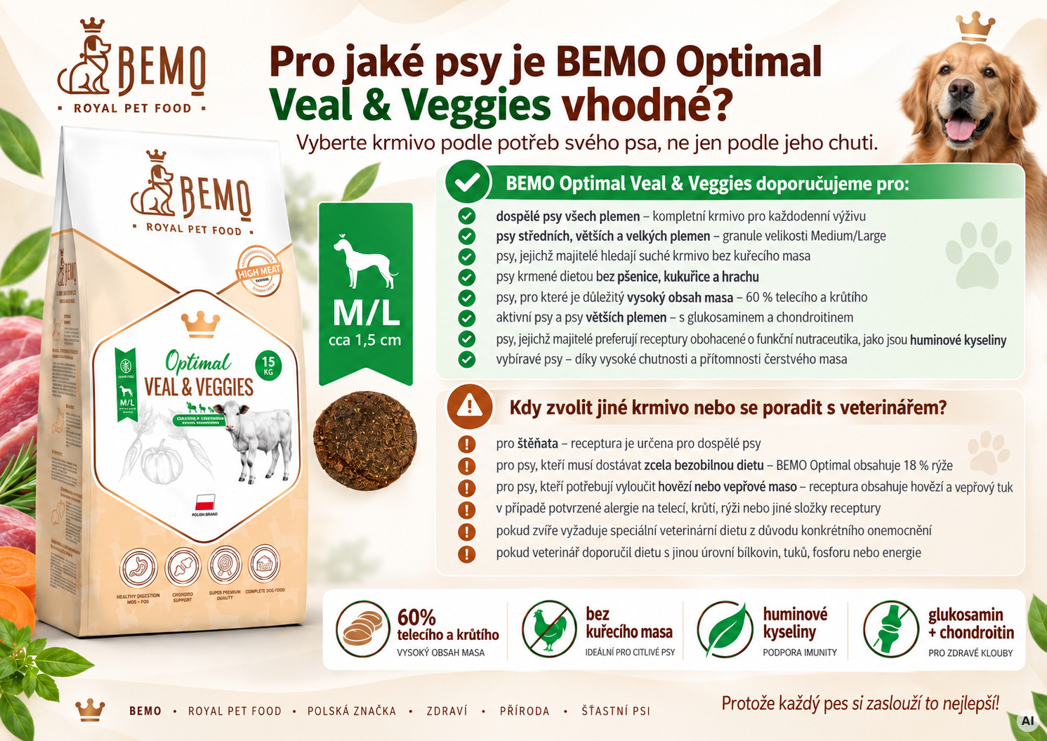 BEMO Optimal Veal & Veggies Medium/Large - suché krmivo pro psy - 15kg - foto 2