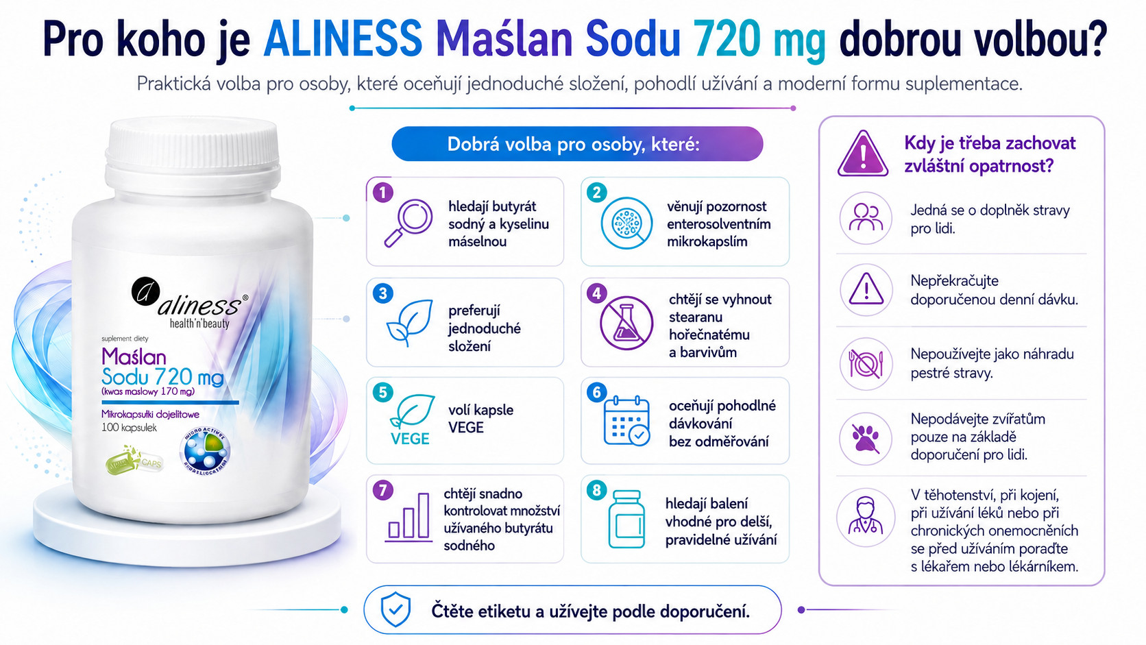 ALINESS Sodium Butyrate 720 mg (Butyric Acid 170 mg) – doplněk stravy – 100 kapslí - foto 3