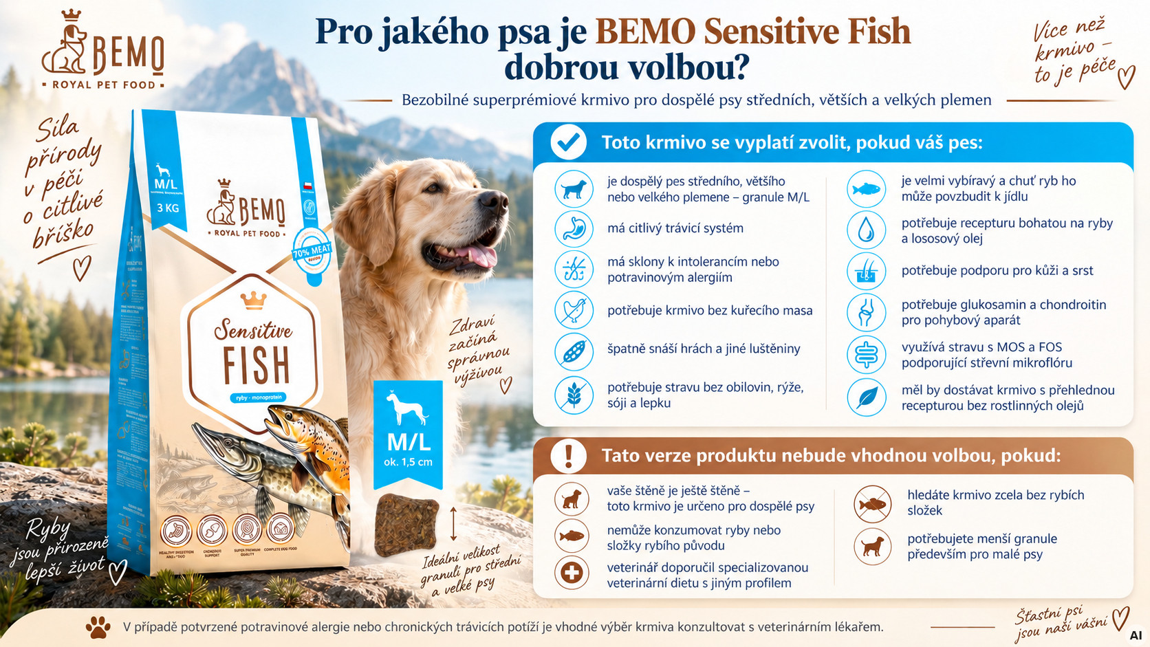 BEMO Sensitive Fish Medium/Large Mono - suché krmivo pro psy - 3kg - foto 2