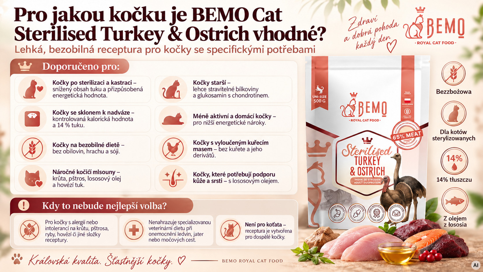 BEMO Cat Sterilised Turkey & Ostrich - suché krmivo pro kočky - 500g - foto 2