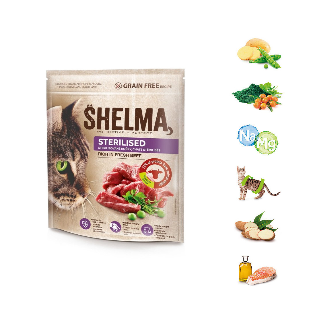 SHELMA Sterilised Beef - suché krmivo pro kočky - 1,4kg - foto 9