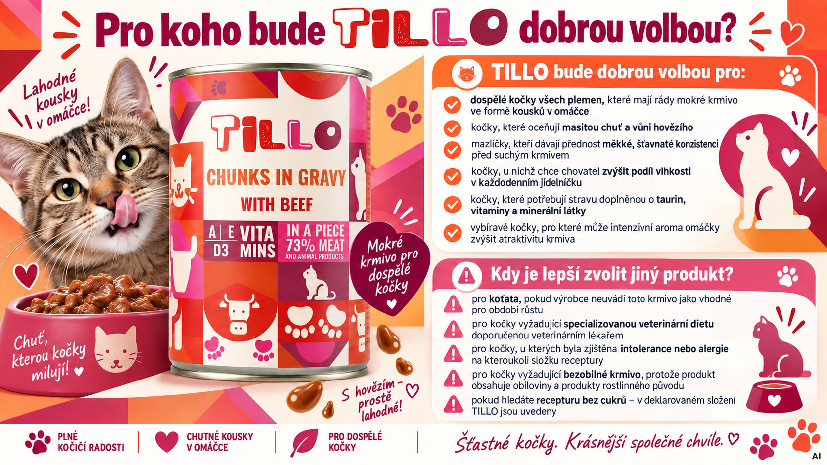 TILLO Kousky v omáčce s hovězím masem - mokré krmivo pro kočky - 12x415 g - foto 2
