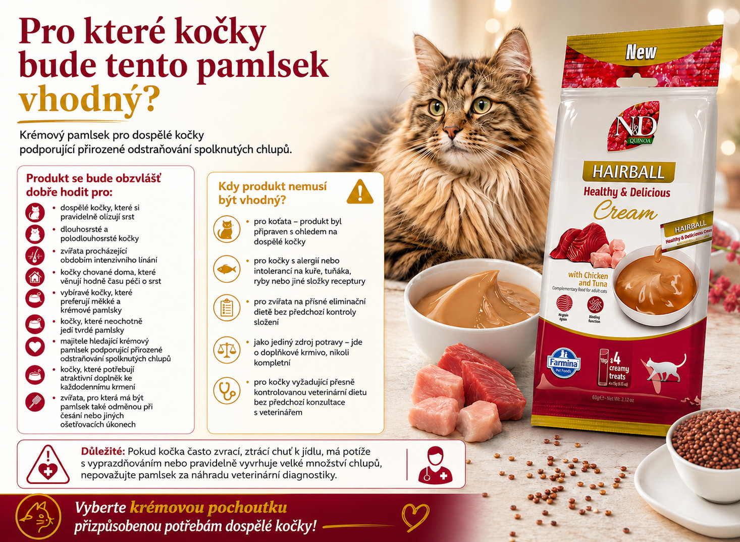 FARMINA N&D Quinoa Cat Hairball Cream with Chicken & Tuna box – pamlsek pro kočku – 4x15g - foto 2