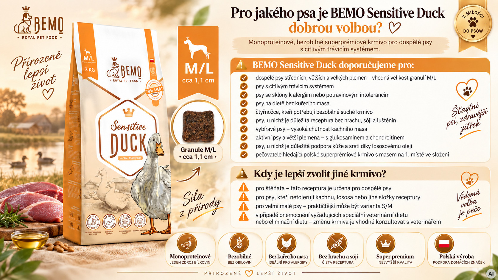 BEMO Sensitive Duck Medium/Large Mono - suché krmivo pro psy - 3kg - foto 2